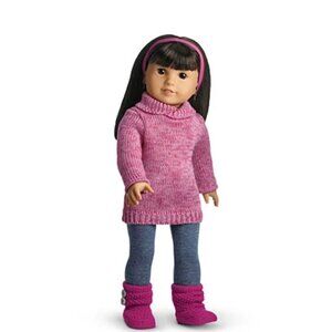 American Girl Doll Pink Cozy Cowl Sweater Blue Leggings Magenta Boots Headband